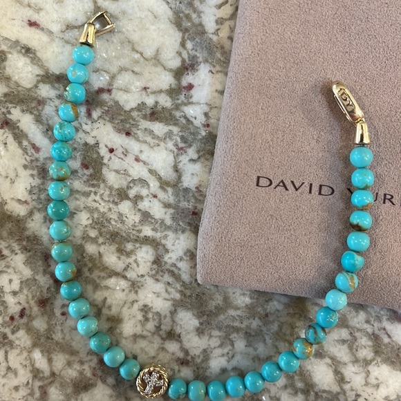 Turquoise Spiritual Beads Peace Sign Bracelet, 14K Yellow Gold and Pavé Diamonds - Picture 2 of 4